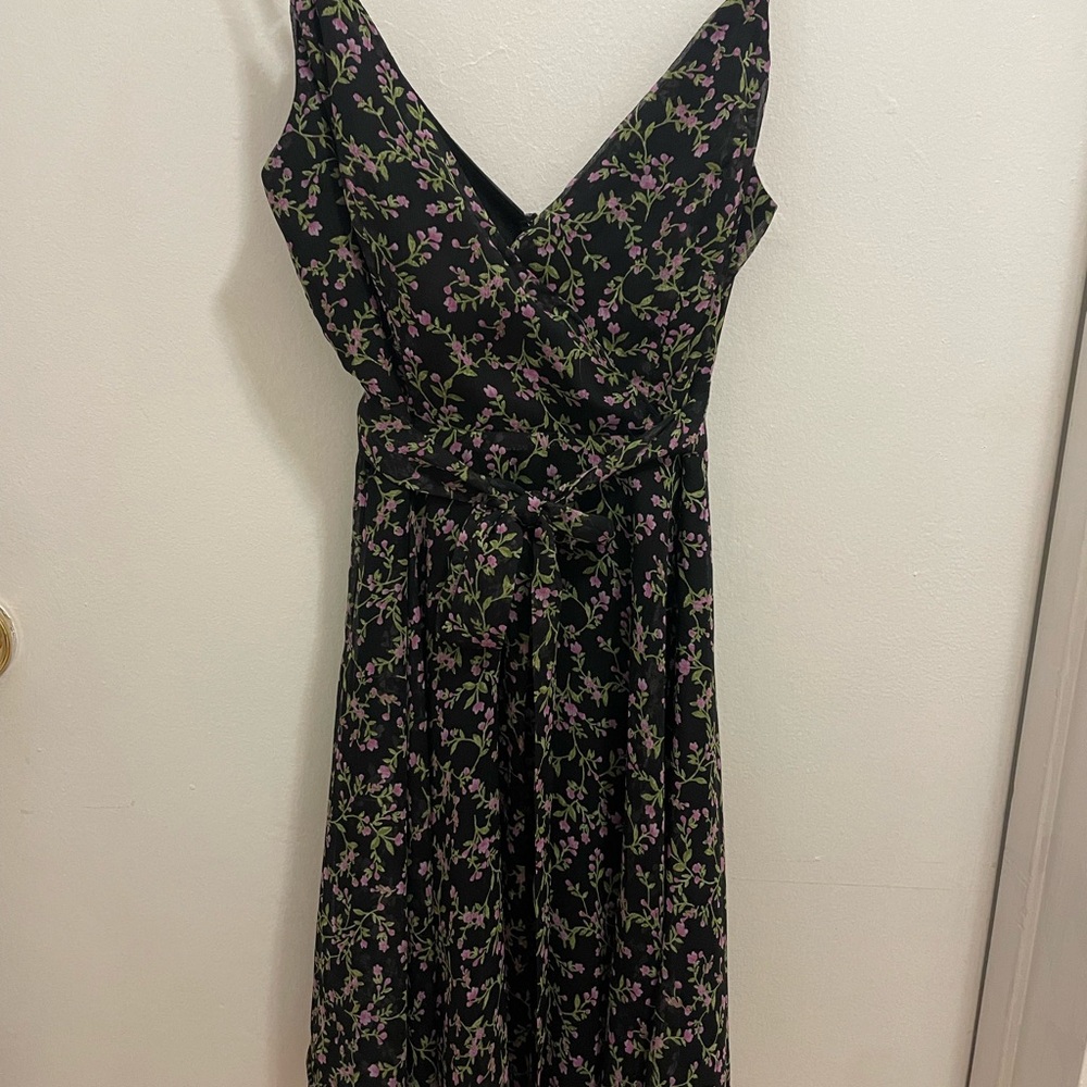 Black Floral V-Neck Midi Wrap style dress with Tie Waist